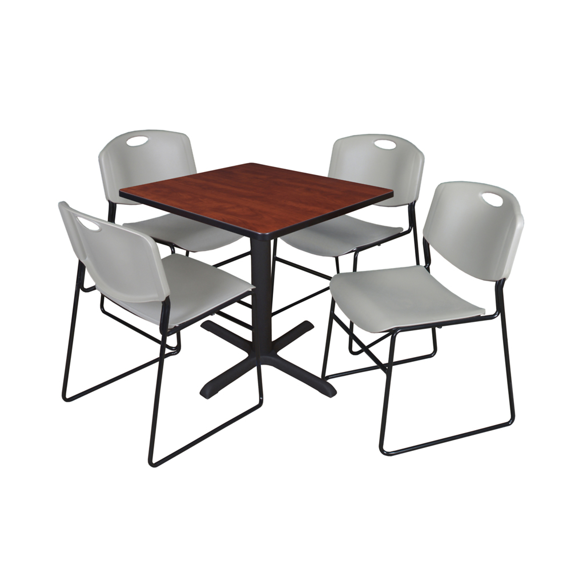Regency Cain Breakroom Table and Zeng Stack Chairs Set — 30in. Square X-Base Table, Cherry/Maple, 4 Grey Chairs, Model# TB3030CH44GY
